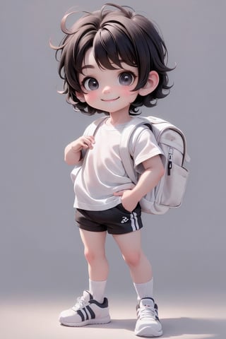 masterpiece, best quality, a cute chibi loli (boy) smiling, (((short))) black hair, sport shorts, white sport shirt, ((white)) socks, white sneakers, school backpack, (((full body))),plastican00d