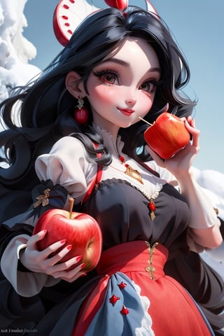 8k, masterpiece, best quality, ultra detailed, detailed face, bright eyes, large eyelashes, detailed nose, a snow white smiling, black hair, medium hair, red diadem, red hairbow, (blue) dress, ((drinking an apple with a straw)),