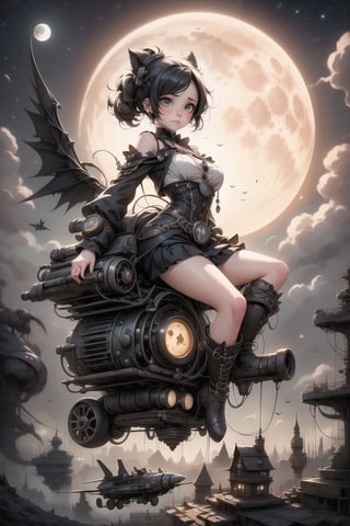 a cute girl ((disgusted look)), pumps, flying on a flying machine, night scene, at night, moon, steampunk art style