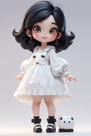 masterpiece, best quality, a cute chibi girl smiling, (((black hair))), (((white pinafore dress))), (((short puffy sleeves))), white hairbow, white socks, (((black mary jane pumps))), school backpack, (((full body)))