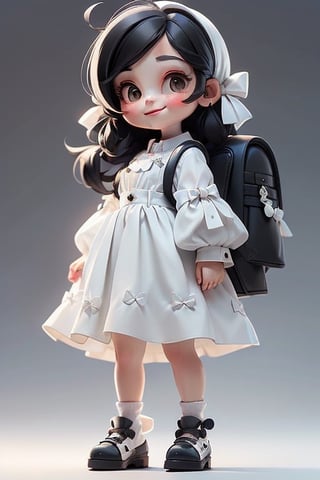 masterpiece, best quality, a cute chibi girl smiling, ((black)) hair, (((white pinafore dress))), (((short puffy sleeves shirt))), white hairbow, white socks, (((black))) mary jane pumps, school backpack, (((full body))),