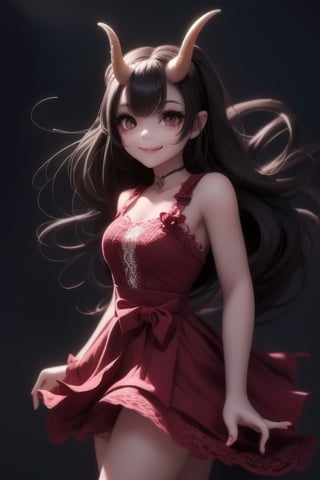 a (horned demon girl) smiling, wearing a lace cloth dress, black hair, red smokey eyes makeup, (hair bow), pumps, dramatic magic floating pose, (full body), sfw