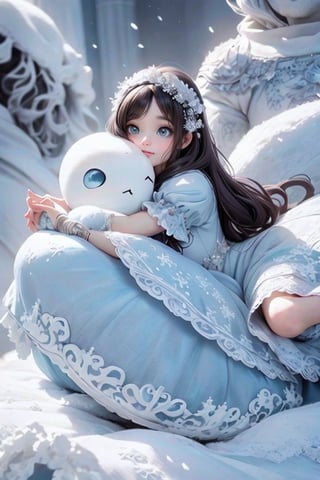 masterpiece, best quality, an ice sorceress, beautiful ancient frost witch, winter princess, hugging a giant snow man, wearing a fantasy dress, white hair, magical dress, cute dress, loli in dress, lovely and cute, style of magical girl, white and pale blue toned, pale blue, soft cute colors, rococo dress, icey blue dress, pastel blue, romantic dress, dreamy style, rococo ruffles dress, pumps, frozen garden, (falling_snow)