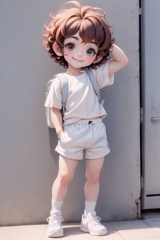masterpiece, best quality, a cute chibi loli (boy) smiling, (((short curly hair))), sport shorts, white sport shirt, white socks, white sneakers, school backpack, (((full body))),plastican00d