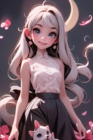 a vampire gothic girl smiling, white hair, red eyes, glowing eyes, smokey eyes makeup, white lace crop top, (black skirt), blush, night, flowers, moon