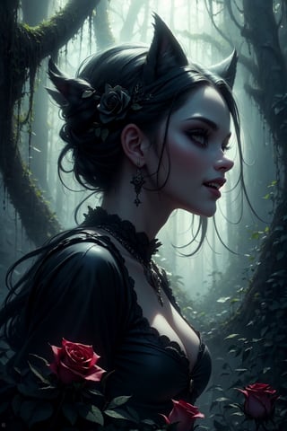 masterpiece, HDR, portrait, (((ironic style))), a witch in a mystical,black cat, fairy-tale, mysterious forest, hunger, gothic views, vampiress,laughs, horrifying, fog, haze, gloomy down, grim, gargoyles, a vine of roses, covered in roses,Magical Rose,Around the magic ,roses surrounds ,magic rod,Magical rose, incantation, mantra, (intricate details), (hyperdetailed), 
