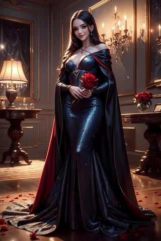vampire style, a ((close up)) of a cute small vampiress smiling wearing dark crimson vampire gown, ((holding a red rose)), full length vampire cloak, evil smile, (indoors, dark vampire mansion), (sparkles, sparkling scales), sharp focus, (glossy made of scales clothing, glittering made of scales fabric), red rose, floor full of red petals
