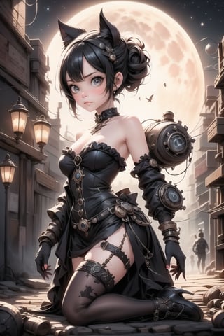 a cute girl ((disgusted look)), pumps, wearing a stempunk strapless dress, night scene, at night, moon, steampunk art style