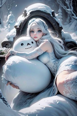 masterpiece, best quality, a beautiful ancient frost witch, hugging a giant snow man, wearing a fantasy dress, white hair, magical dress,  rococo dress, icey blue dress, pastel blue, romantic dress, dreamy style, rococo ruffles dress, pumps, frozen garden, (falling_snow)