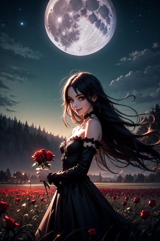 a cute small waifu vampiress smiling, red rose, goth dress, long hair, black hair, black dress, holding a red rose, field, holding a rose, outdoors, grass, realistic, bare shoulders, (at night), ((full moon))