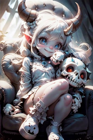 masterpiece, best quality, a cute horned demon smiling, sitting on a armchair with the shape of a giant skull, white mary janes,