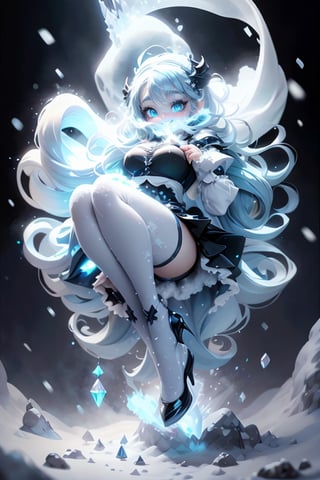 masterpiece, best quality, a snow horned demon smiling, blue lips, blue hair, intense blue smokey eyes makeup, (snow material) clothing, (crystal) hair bow, crop shirt, sheer draped skirt, (white) tights, ((black pumps)), playing with the snow, frozen magical garden (at night), magic lights floating around, (falling snow), photoshoot, dynamic pose, angle from below,plastican00d