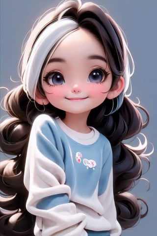 masterpiece, best quality, a cute chibi loli mexican girl smiling, ((brunette)), black hair, ((blue school sweater)), white shirt, white hair accesory