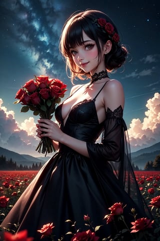 (masterpiece, best quality), a goth girl smiling, flower, solo, goth dress, holding red roses, night sky, cloud, outdoors, bangs, bouquet, rose, blush, flower field, red flower, black goth dress, looking at viewer, midium hair, holding flower, small breasts, red rose, holding bouquet, epth of field,