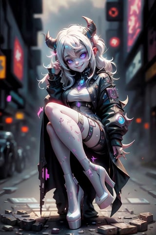 masterpiece, best quality, a cyberpunk horned demon smiling, (white heels),