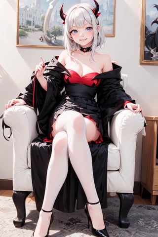 a cute vampire princess smiling sitting on an armchair, strapless shirt, shirt skirt, red horns, (chunky) ((round_pumps)), white nylons