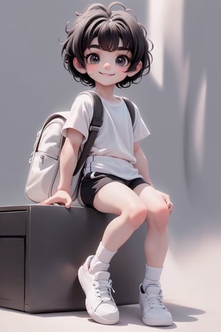 masterpiece, best quality, a cute chibi loli (boy) smiling, (((short black hair))), sport shorts, white sport shirt, white socks, white sneakers, school backpack, (((full body))),plastican00d