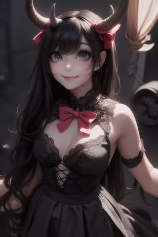 a clcose op of a (horned demon girl) smiling, wearing a lace cloth dress, black hair, red smokey eyes makeup, ((hair bow)), stockings, pumps, dramatic magic floating pose, (full body), sfw