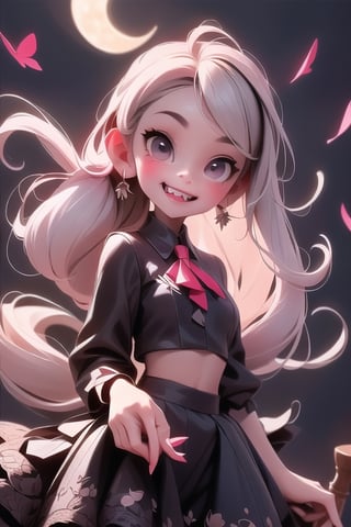 a vampire gothic girl smiling, ((showing fangs)), white hair, red eyes, glowing eyes, white lace crop top, (black skirt), blush, night, flowers, moon