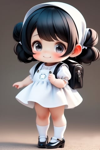 masterpiece, best quality, a cute chibi girl smiling, ((black)) hair, (((white pinafore dress))), (((short puffy sleeves shirt))), white hairbow, white socks, (((black))) mary jane pumps, school backpack, (((full body)))