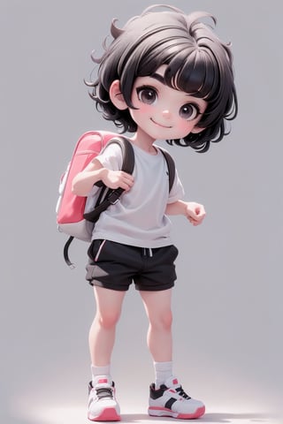 masterpiece, best quality, a cute chibi loli (boy) smiling, (((short black hair))), sport shorts, white sport shirt, white socks, white sneakers, school backpack, (((full body))),plastican00d