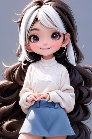 masterpiece, best quality, a cute chibi loli mexican girl smiling, ((brunette)), black hair, (blue uniform sweater), white shirt, white hair accesory