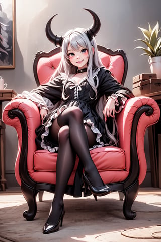 a cute vampire smiling sitting on an armchair, red horns, (Lolita pumps), 