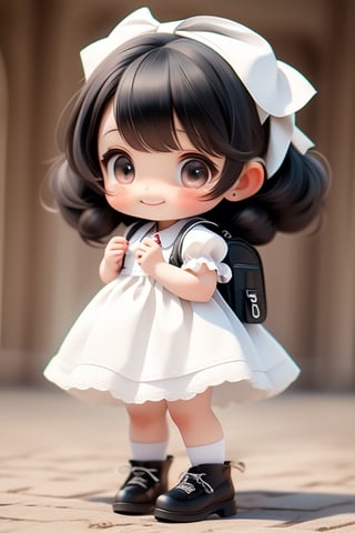 masterpiece, best quality, a cute chibi girl smiling, ((black)) hair, white pinafore dress, (((short puffy sleeves))) shirt, white hairbow, (((black))) Lolita pumps, school backpack, (((full body)))