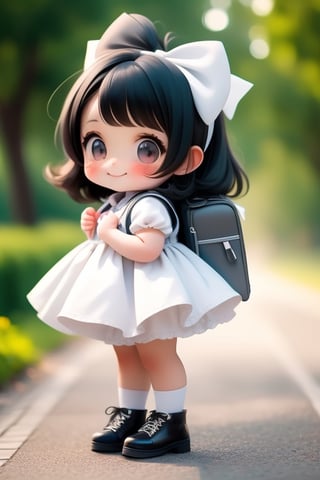 masterpiece, best quality, a cute chibi girl smiling, black hair, white pinafore dress, ((short)) puffy sleeves shirt, white hairbow, black Lolita shoes, school backpack, (((full body)))