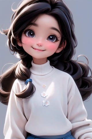 masterpiece, best quality, a cute chibi loli mexican girl smiling, ((brunette)), black hair, (blue) uniform sweater, white shirt, white hair bow