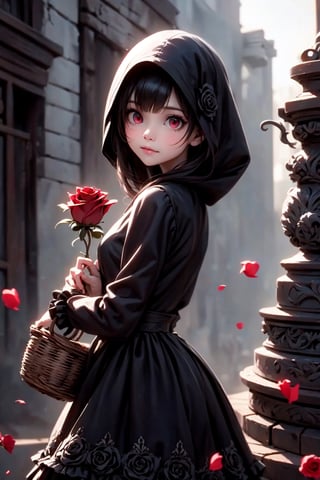  a goth girl, flower, solo, basket, little black dress, holding flower, hood, holding a red rose, looking at viewer, red eyes, blurry, dress, cosplay, bangs, blurry background, frills, depth of field, red rose