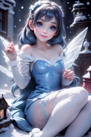 masterpiece, best quality, an ice fairy smiling, ice wings, blue hair, intense blue smokey eyes makeup, hair bow, ice cloth dress, tights, pumps, building a cute snowman, (falling snow), frozen garden at night, (night lamps)