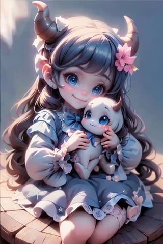 masterpiece, best quality, a cute horned demon smiling, intense blue eyes, summer dress, Lolita pumps, joyful, dynamic angle, summer night, 
