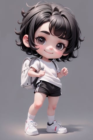 masterpiece, best quality, a cute chibi loli (boy) smiling, short (((black hair))), sport shorts, white sport shirt, white socks, white sneakers, school backpack, (((full body))),plastican00d