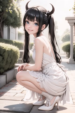 a horned girl smiling, pigtails, white dress, white stocking, black (pumps), crouching