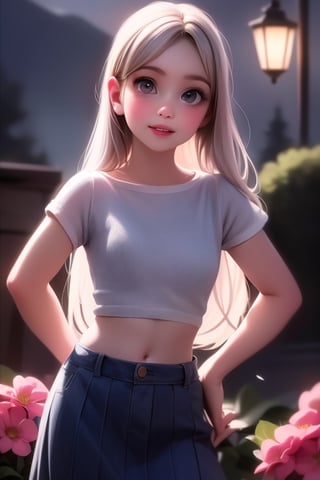 realistic, 1girl, white hair, purple eyes, glowing eyes, crop top, skirt, parted lips, blush, night, flowers, sun, sunlight,