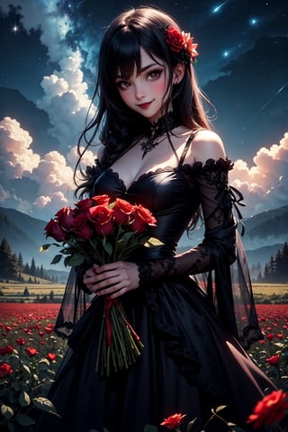 (masterpiece, best quality), a cute vampiress smiling, flower, solo, goth dress, holding red roses, night sky, cloud, outdoors, bangs, bouquet, rose, blush, flower field, red flower, black goth dress, looking at viewer, midium hair, holding flower, small breasts, red rose, holding bouquet, epth of field,