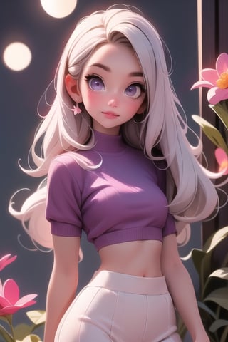 realistic, 1girl, white hair, purple eyes, glowing eyes, crop top, skirt, parted lips, blush, night, flowers, sun, sunlight,