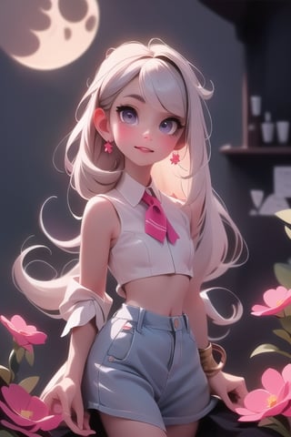 realistic, a vampire girl, white hair, purple eyes, glowing eyes, crop top, skirt, parted lips, blush, night, flowers, moon