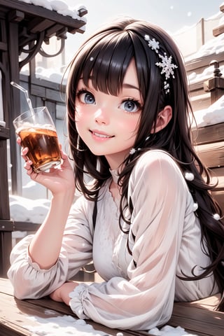 a cute snow_white smiling, drinking sidar