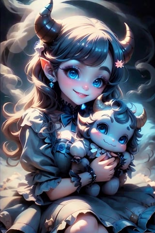 masterpiece, best quality, portrait of a cute horned demon smiling, intense blue smokey eyes makeup, summer dress, Lolita pumps, joyful, dynamic angle, summer night, 
