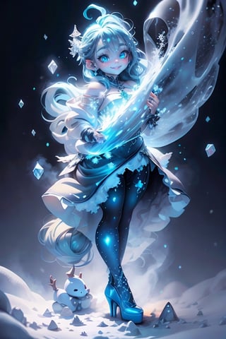 masterpiece, best quality, a snow horned demon smiling, blue lips, blue hair, intense blue smokey eyes makeup, (snow material) clothing, (crystal) hair bow, crop shirt, sheer draped skirt, tights, blue ((pumps)), playing with the snow, frozen magical garden (at night), magic lights floating around, (falling snow), photoshoot, dynamic pose, angle from below,plastican00d