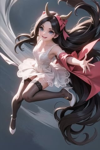 a close up of a (horned demon girl) smiling, wearing a lace cloth dress, black hair, red smokey eyes makeup, ((hair bow)), stockings, pumps, dramatic magic floating pose, (((full body))), 