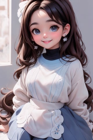 masterpiece, best quality, a cute loli mexican girl smiling, ((brunette)), black hair, (blue) uniform sweater, white shirt, white hair bow