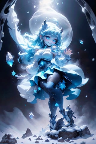 masterpiece, best quality, a snow horned demon smiling, blue lips, blue hair, intense blue smokey eyes makeup, (snow material) clothing, (crystal) hair bow, crop shirt, sheer draped skirt, tights, blue pumps, playing with the snow, frozen magical garden (at night), magic lights floating around, (falling snow), photoshoot, dynamic pose, angle from below,plastican00d