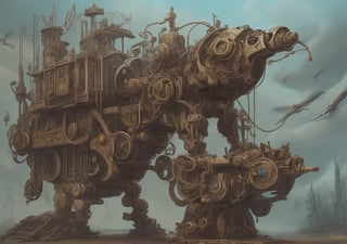 Generate an image that combines elements of fantasy and steampunk, depicting a unique world filled with intricate machinery and magical creatures.