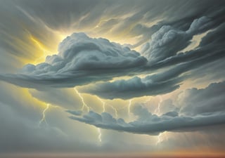 Create an abstract representation of a thunderstorm using vibrant colors, bold brushstrokes, and dramatic lighting.