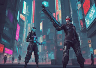 Generate an image of a retro-inspired cyberpunk character wearing futuristic clothing and wielding advanced technology.