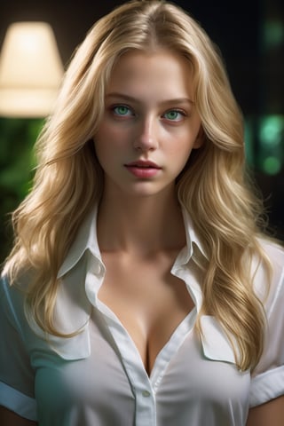 masterpiece, best quality, photorealistic, raw photo, 1 girl, long hair, blonde hair, large breasts and hips, green eyes, collared blouse, detailed white skin, pore, depth of field, in the dark, 