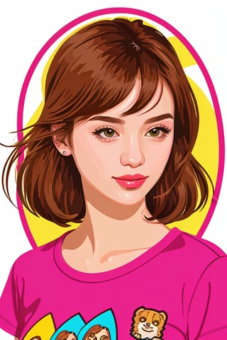 (vector illustration style, flat image), 2d, nft like 2d vector art, vibrant coloring, portrait of gorgeous girl, t-shirt art, sticker, have border